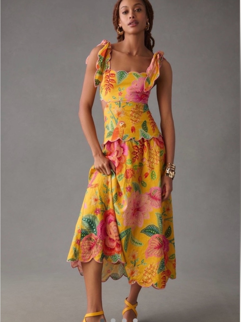Farm Rio Yellow Floral Midi Dress with Ruffle Straps